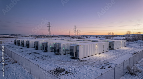 Female engineer checking sustainable renewable energy battery storage facility in winter - Angle 184
