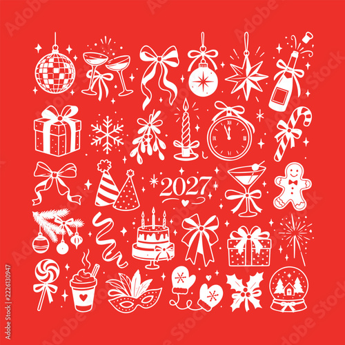 Red Christmas and New Year 2027 Line Art Icon Set. White festive doodle collection including disco ball, champagne, gift box, clock, candle, cake, and party hat.