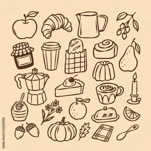 Cozy Autumn Bakery and Coffee Line Art Icon Set. Hand drawn doodle collection including croissant, coffee pot, jam jar, pie, pumpkin, acorns, and candle on warm beige background.
