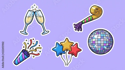 Colorful Party Celebration Stickers and Icons for Festive Events and New Year's