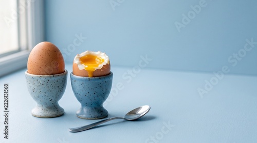 Soft boiled eggs in blue cups on blue background