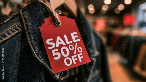 Red sale tag showing 50 percent off discount on denim jeans in clothing store