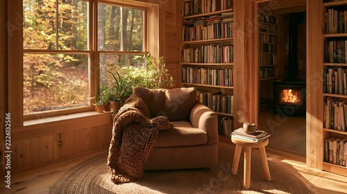 Cozy reading nook with armchair and fireplace in warm sunlit living room