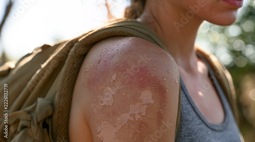Young woman with sunburned shoulder and irritated red skin outdoors in summer