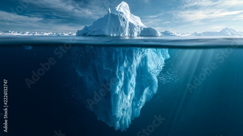 Massive iceberg floating in deep blue ocean with hidden underwater ice formation