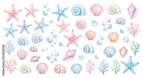 タイトル（英語）:
Watercolor clip art set of delicate ocean elements featuring pastel pink and blue starfish, various seashells, corals, and swirling bubbles, isolated on white.