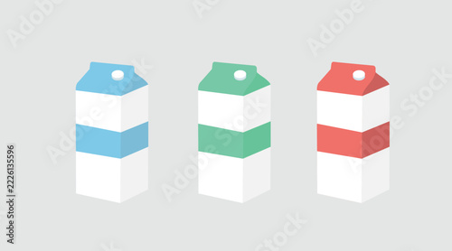 Set of 3 milk carton box vector illustrations. Flat color graphic silhouette icons of dairy paper packaging with blue, green, and red labels for milk types, grocery store, and organic farming concept