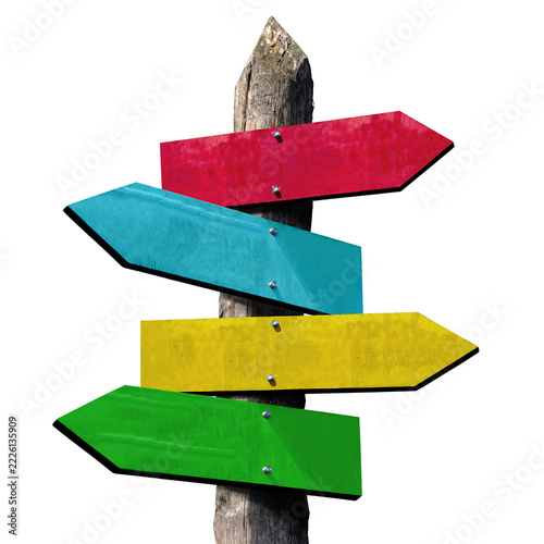 Wooden Signpost with Four Colorful Arrow Boards on Transparent Background