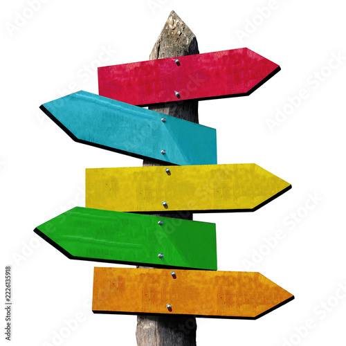 Wooden Signpost with Five Colorful Arrow Boards on Transparent Background