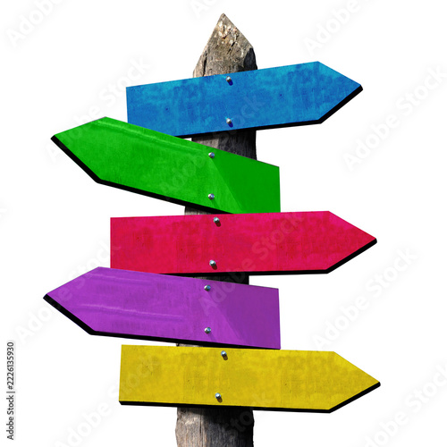 Wooden Signpost with Five Colorful Arrow Boards on Transparent Background