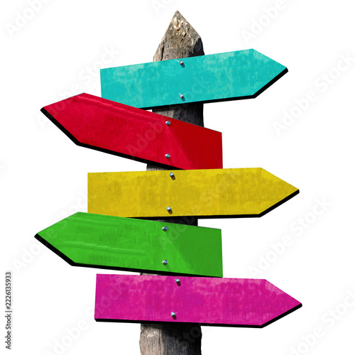 Wooden Signpost with Five Colorful Arrow Boards on Transparent Background