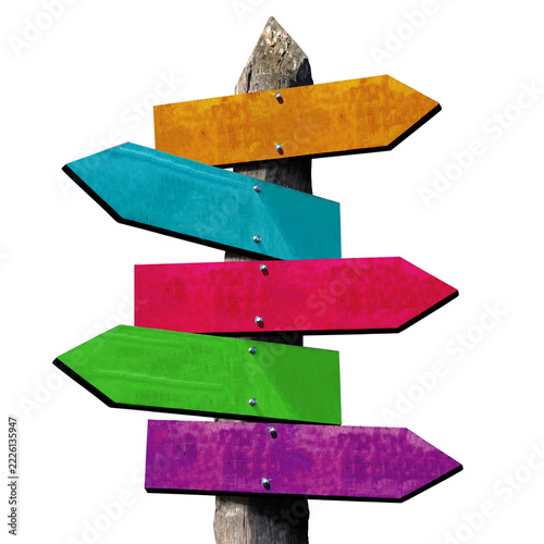 Wooden Signpost with Five Colorful Arrow Boards on Transparent Background