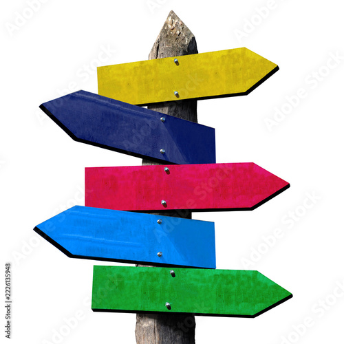Wooden Signpost with Five Colorful Arrow Boards on Transparent Background
