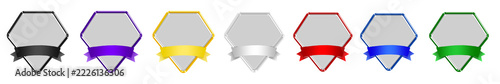 Premium 3D Glass Diamond Shaped Badge Emblem Collection with Metallic Chrome Borders and Gradient Ribbon Banners in Black, White, Red, Blue, Gold, Purple and Green, Glossy Glassmorphism Diamond Award 