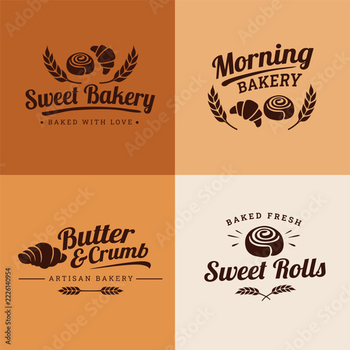 Bakery logo vector collection with four vintage designs. Bread, croissant, cinnamon roll and wheat icons in warm brown colors. Retro typography for pastry shops, cafes and artisan bakeries.