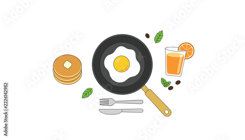 Delicious breakfast set featuring a fried egg in a skillet, pancakes with butter, and orange juice.