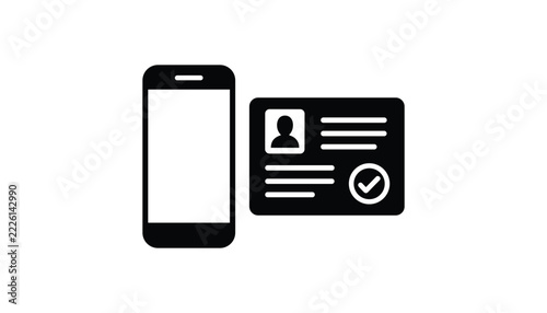 Smartphone standing next to a black identification card featuring a user profile and a checkmark.