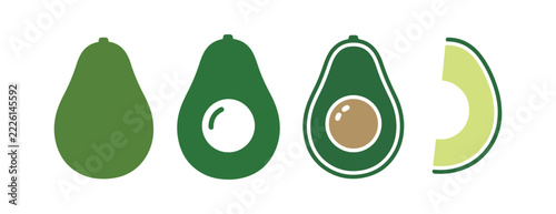 Flat icon set showcasing avocados in 4 varied styles, arranged on a plain white surface