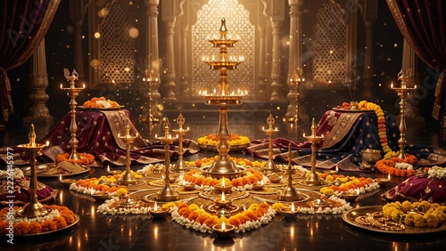 Happy Diwali Luxury Celebration Setup with Traditional Tall Brass Oil Lamp Stand Kuthu Vilakku, Flower Rangoli, and Silk Drapery. 