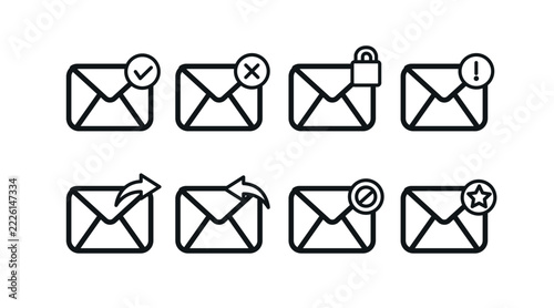 Set of 8 email and message user interface status vector icons. Black line art style on white background. Clean outline envelope collection