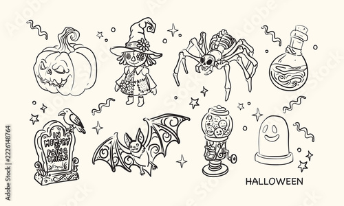 Halloween tattoo designs. Black line art flash sheet, vector illustration