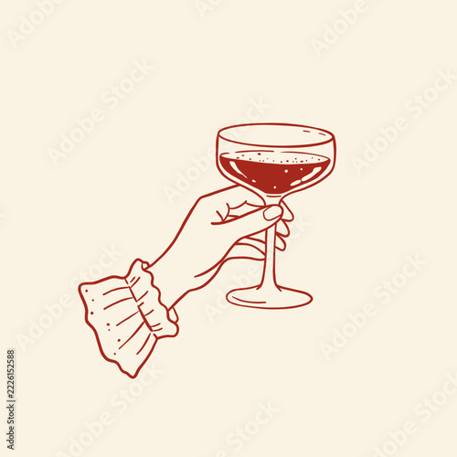 Hand-drawn red line art illustration of an elegant hand in a ruffled cuff holding a vintage champagne coupe glass on cream background for wedding toast, cocktail menu, and celebration designs