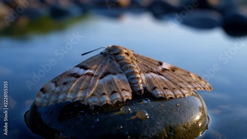 A detailed close-up shot of a moth resting peacefully on a wet stone surrounded by glistening blue water