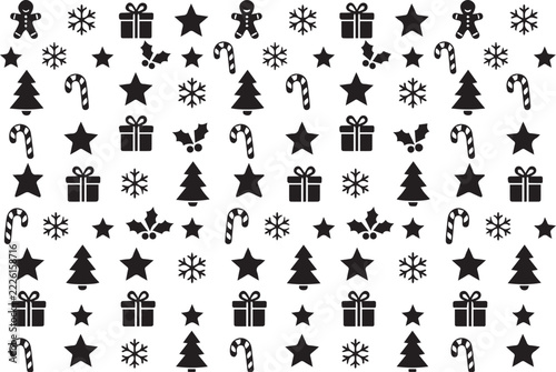 Seamless Christmas Pattern with Snowflakes, Candy Canes, Gingerbread Men and Stars, Black Vector on White Background
