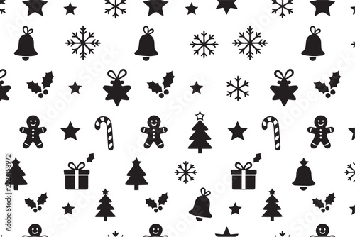 Seamless Christmas Pattern with Snowflakes, Candy Canes, Gingerbread Men and Stars, Black Vector on White Background