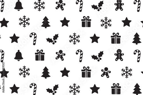 Seamless Christmas Pattern with Snowflakes, Candy Canes, Gingerbread Men and Stars, Black Vector on White Background