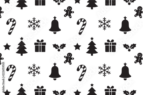 Seamless Christmas Pattern with Snowflakes, Candy Canes, Gingerbread Men and Stars, Black Vector on White Background