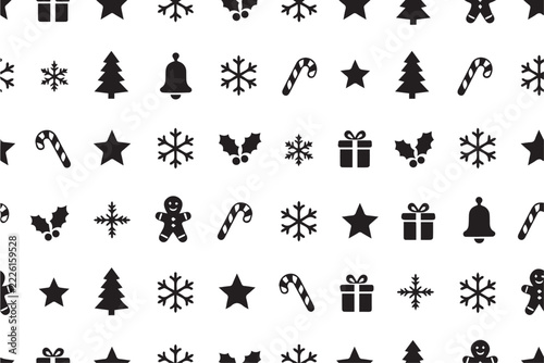 Seamless Christmas Pattern with Snowflakes, Candy Canes, Gingerbread Men and Stars, Black Vector on White Background