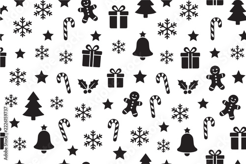Seamless Christmas Pattern with Snowflakes, Candy Canes, Gingerbread Men and Stars, Black Vector on White Background