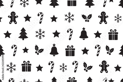 Seamless Christmas Pattern with Snowflakes, Candy Canes, Gingerbread Men and Stars, Black Vector on White Background