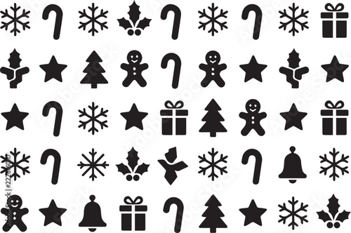 Seamless Christmas Pattern with Snowflakes, Candy Canes, Gingerbread Men and Stars, Black Vector on White Background