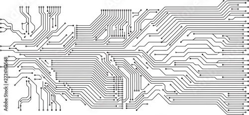 Black circuit board pattern with conductive lines on transparent background for technical components.