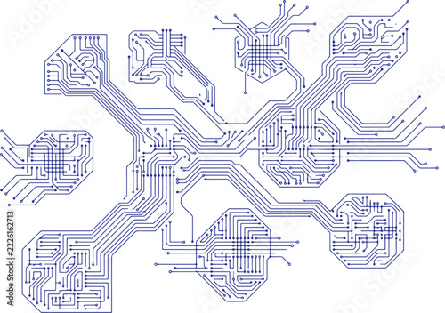 Blue circuit board pattern with geometric logic gates and network connection lines on transparent bg.