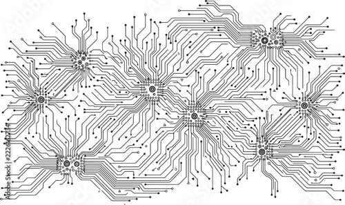 Black motherboard trace lines forming complex neural network patterns for artificial intelligence use.