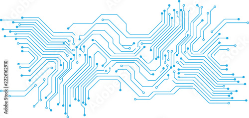 Circuit board pattern with blue lines on transparent background for modern digital technology design.