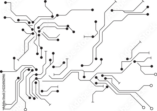 Circuit board design with black lines on transparent background for industrial electronics template.