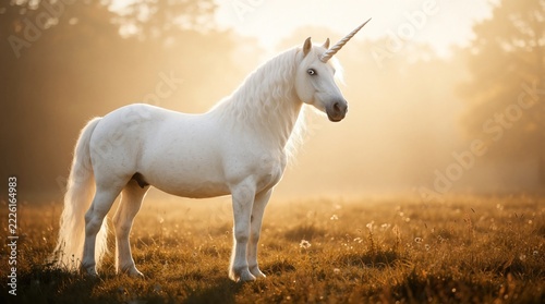 White unicorn stands in golden meadow at sunrise. Mythical horse with long horn grazes in misty field. Magical creature looks calm under soft morning light. Fantasy animal lives in dream land forest