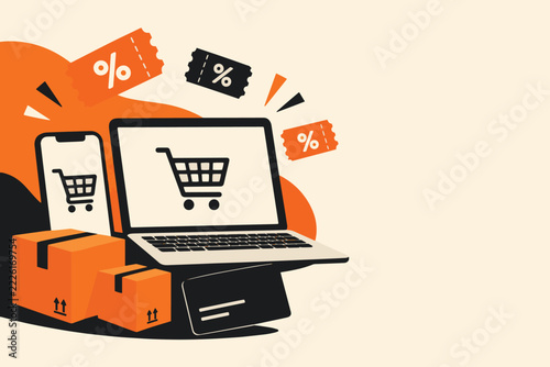 Online shopping concept with laptop, smartphone, shopping cart screens, cardboard boxes, credit card and discount coupons in orange flat illustration