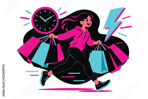 Flat vector illustration of a happy woman running with colorful shopping bags, clock and lightning bolt, flash sale and Black Friday shopping rush concept