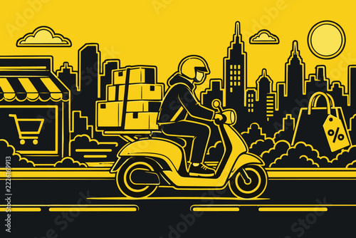 Delivery courier riding a scooter with parcels through the city past a shop with shopping cart sign, yellow and black line art e-commerce illustration