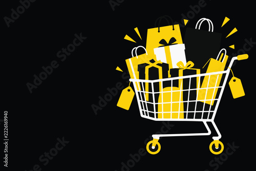 Shopping cart full of shopping bags, gift boxes and price tags on black background, yellow and white Black Friday sale illustration