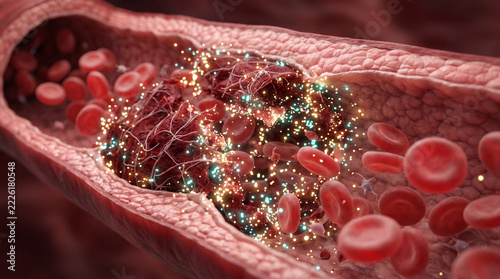 Blood clot breaking apart inside vein with glowing enzyme particles restoring blood flow. Thrombosis treatment and clot dissolving therapy concept.