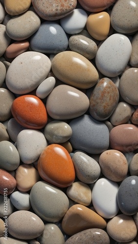 Smooth white pebbles scattered across a serene beach shore, creating natural texture with sea stones under soft coastal light and gentle ocean waves