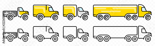 Stylized flat vector icons of commercial transport vehicles. Set includes semi trailer truck, box lorry, cargo truck, and delivery van for logistics and shipping design.