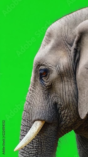 close up of an elephant on green key background vertical