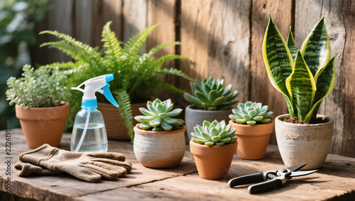Urban Jungle Houseplants Flat Lay with Succulents, Ferns, Snake Plants and Gardening Tools in Ceramic Pots on Rustic Wooden Table
